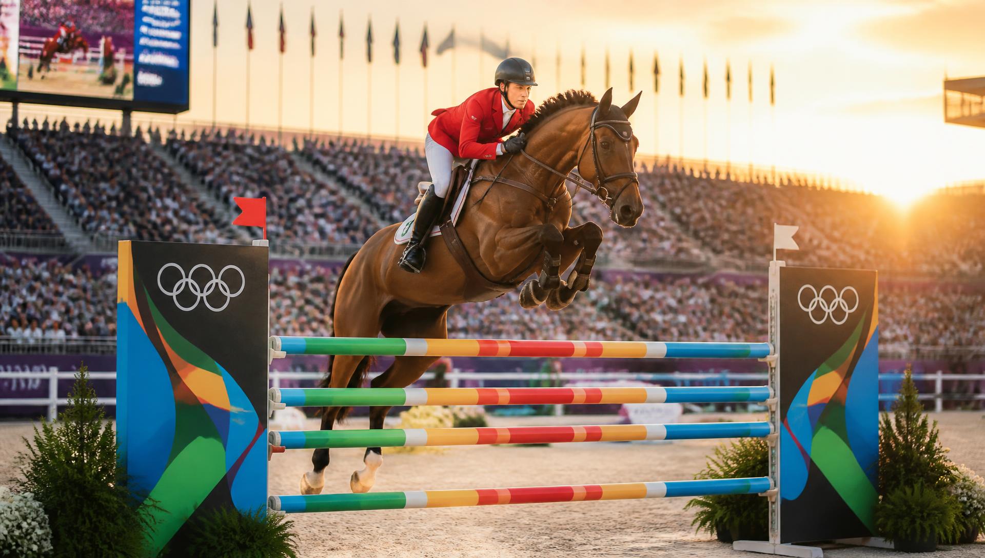 Călăreț în frac roșu sărind un obstacol colorat într-o arenă olimpică
